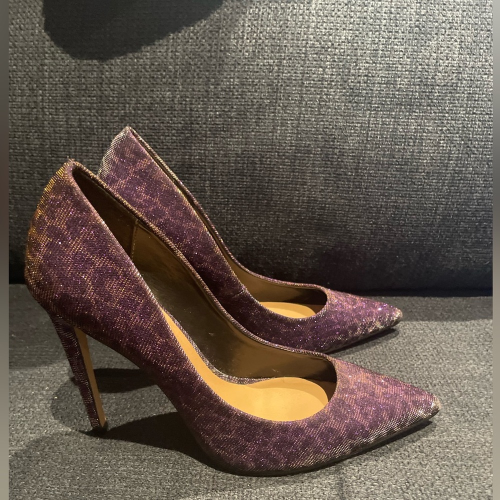 ALDO Purple Sparkle Leopard Print Shimmer High Heels Pumps Size 7.5 Pointed Toe